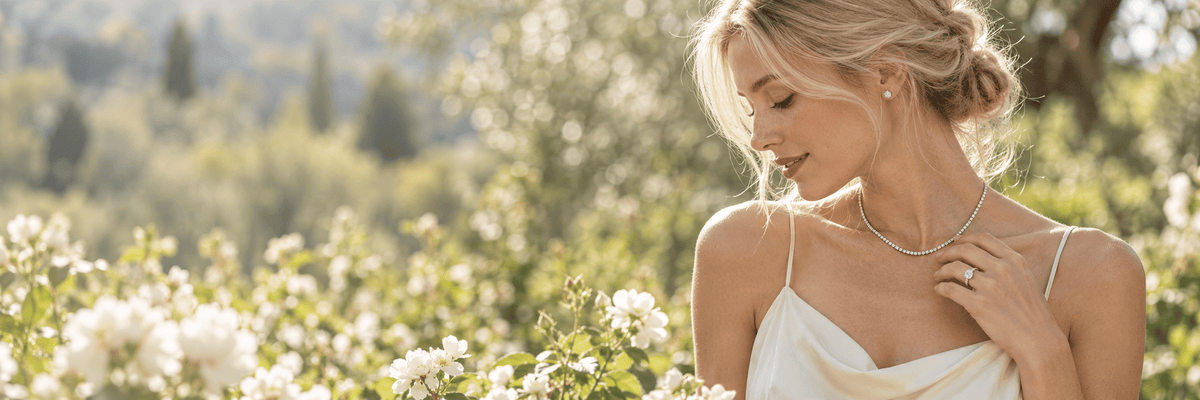 Blonde woman wearing an ANNXMEE moissanite tennis necklace and solitaire ring in a sunlit garden.