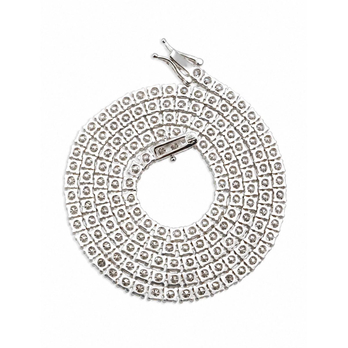 Back view of moissanite tennis chain showing individual stone settings and secure box clasp
