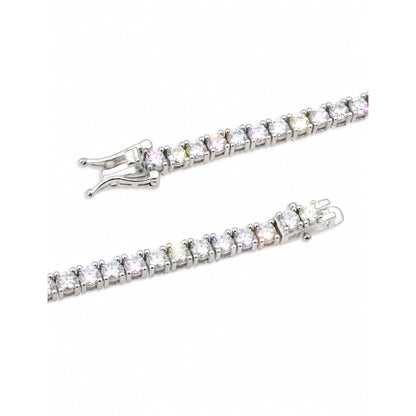 Moissanite tennis necklace clasp close-up with round prong-set stones in white gold plated silver
