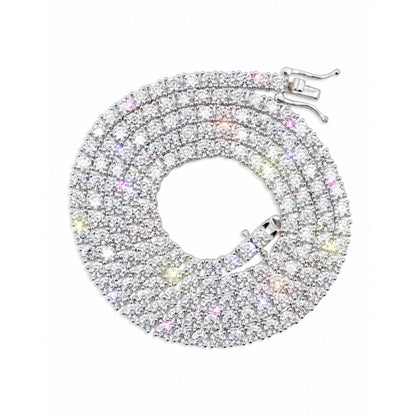 Certified moissanite tennis chain coiled on white, showing brilliant round stones and secure box clasp
