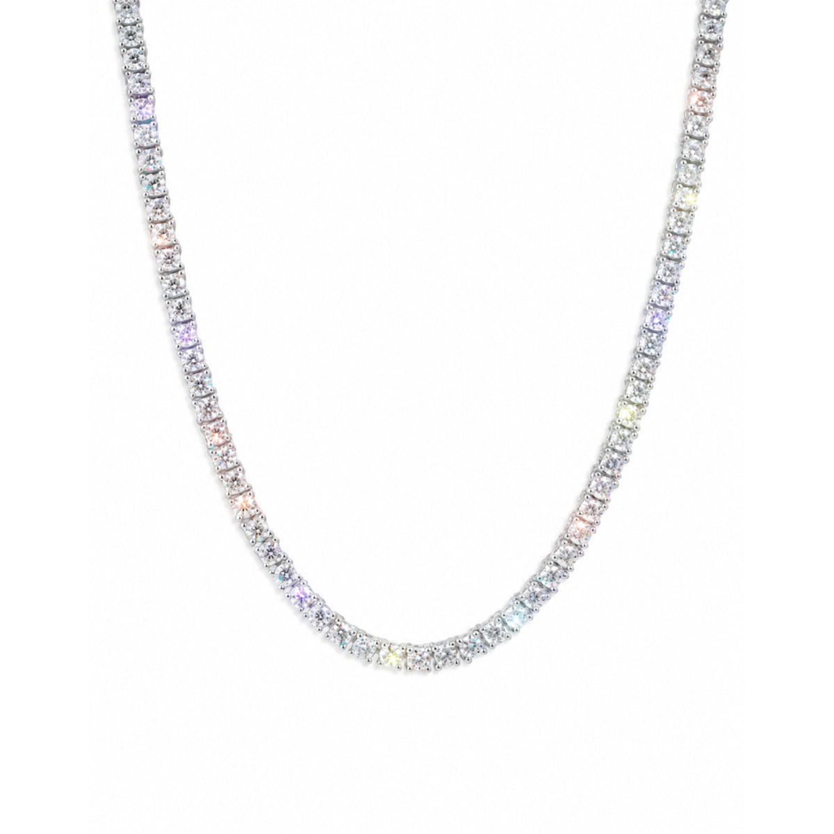 D Color VVS1 moissanite tennis necklace in white gold plated sterling silver, front view on white
