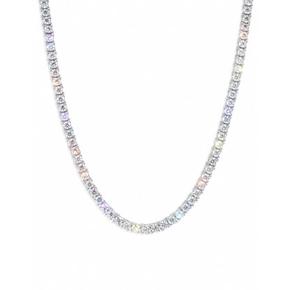 D Color VVS1 moissanite tennis necklace in white gold plated sterling silver, front view on white

