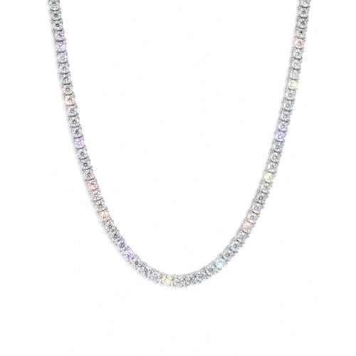 D Color VVS1 moissanite tennis necklace in white gold plated sterling silver, front view on white
