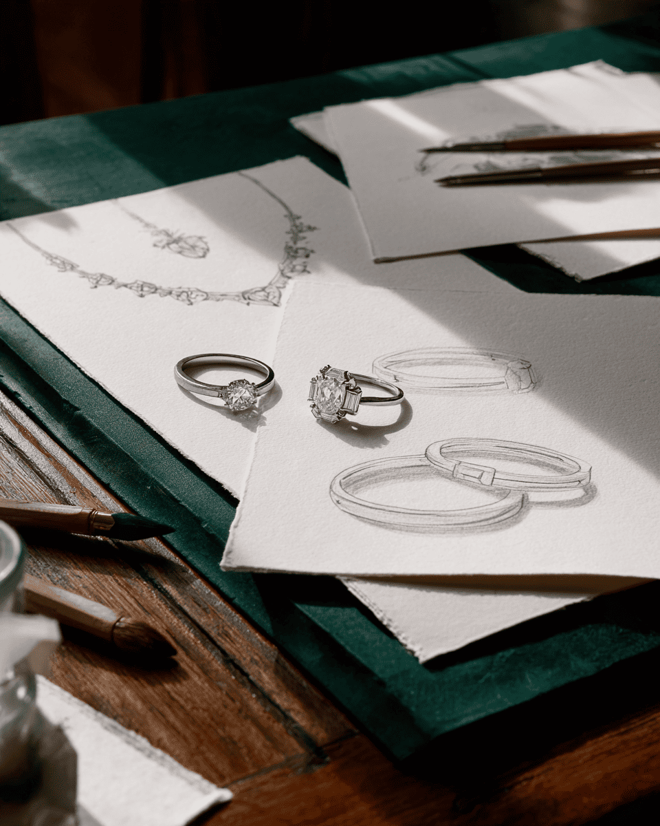 ANNXMEE moissanite jewelry design with sketches and finished fine jewelry