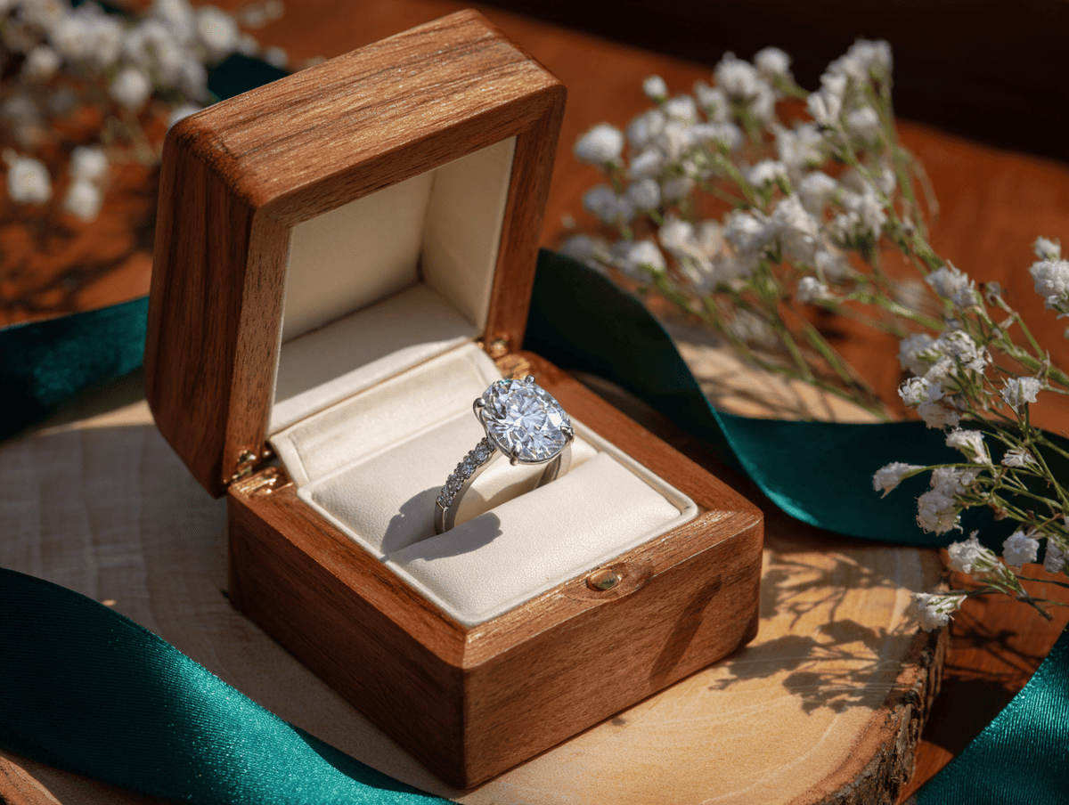 ANNXMEE moissanite ring presented in an elegant wooden gift-ready jewelry box
