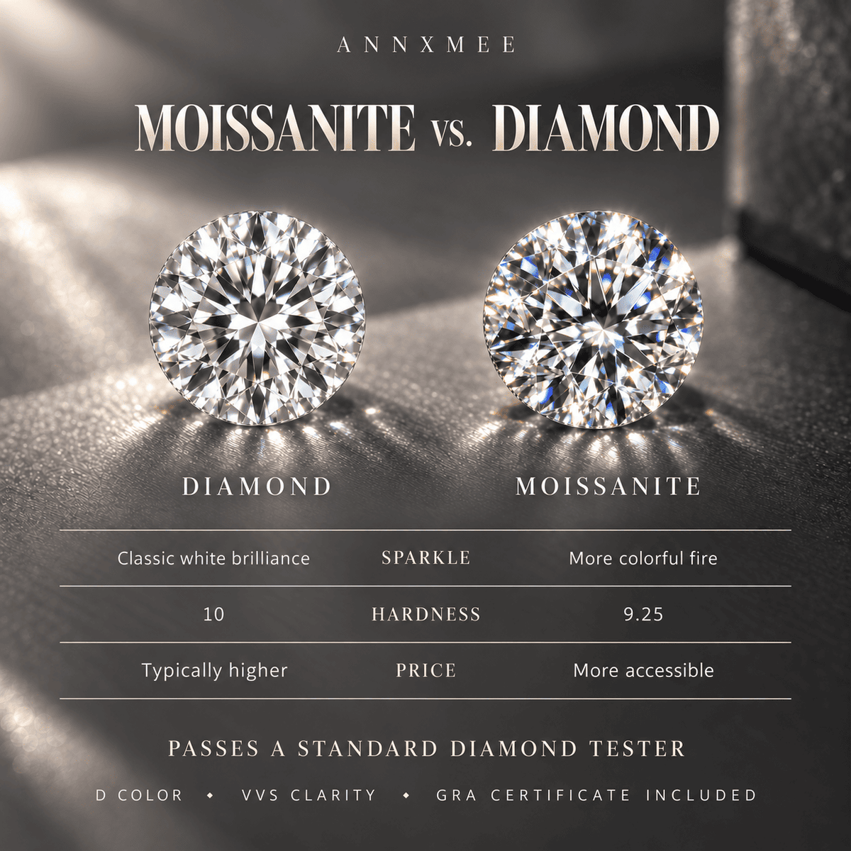 ANNXMEE moissanite vs. diamond comparison showing sparkle, hardness, price, diamond tester compatibility, D color, VVS clarity and GRA certification.