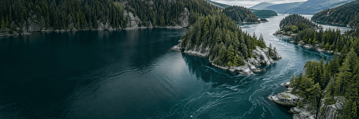 Aerial view of a winding blue-green lake or river bordered by rocky shores and dense evergreen forests, with mountains in the distance.