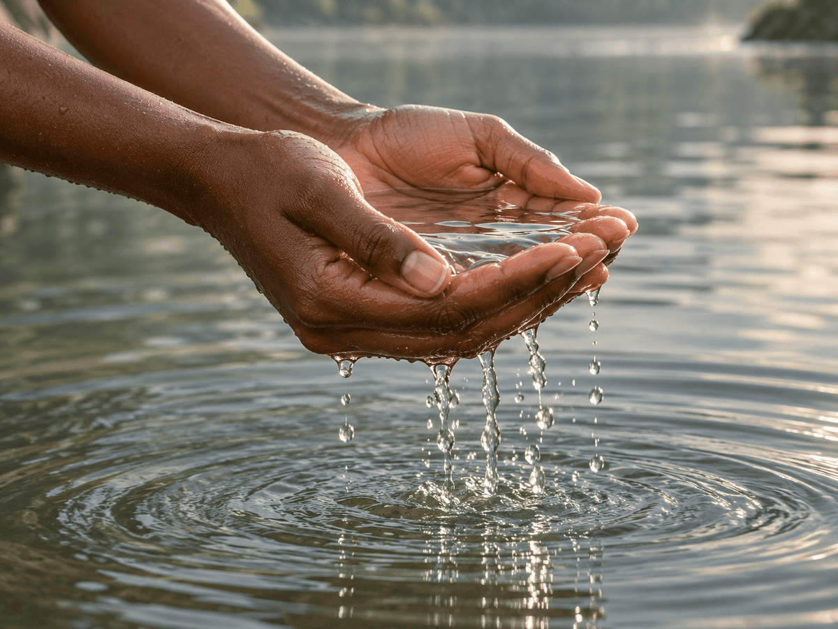 A close-up of two hands cupping water above a lake, with droplets falling into the ripples on the water surface.