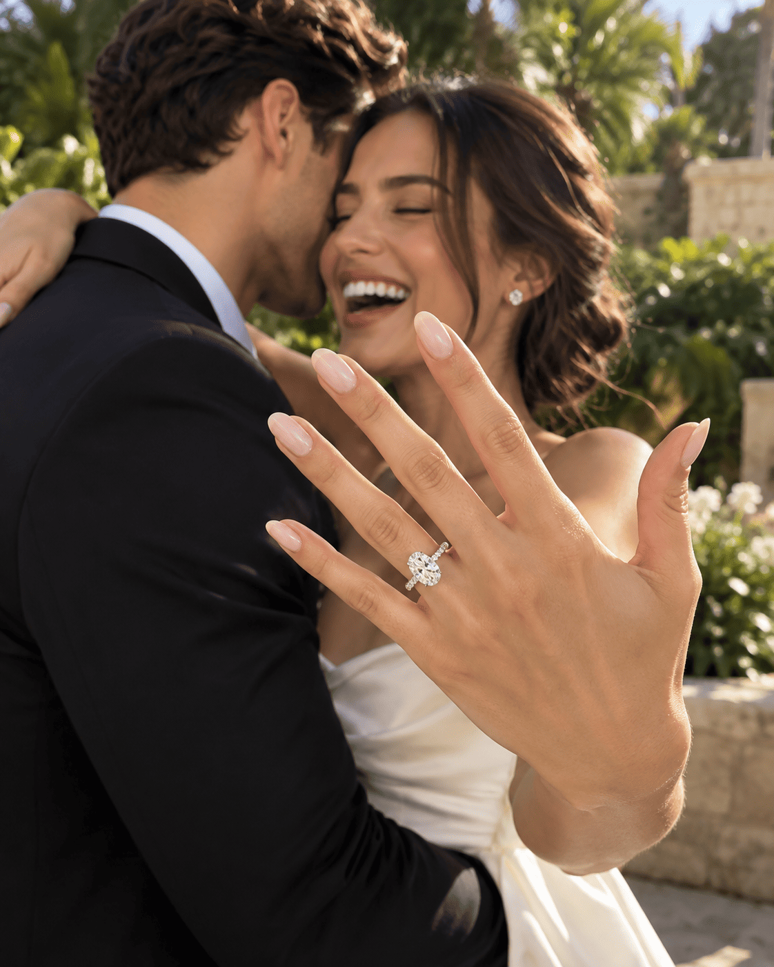 A smiling woman in a white dress and a man in a black suit embrace outdoors, with her hand raised to show a sparkling diamond engagement ring on her finger. ANNXMEE moissanite ring