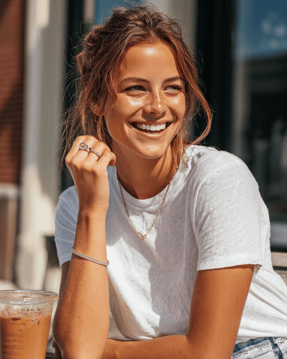 A smiling woman in a white t-shirt and denim shorts wearing delicate gold jewelry, including a necklace, bracelet, and rings, sitting outdoors next to an iced coffee. ANNXMEE Moissanite Jewelry