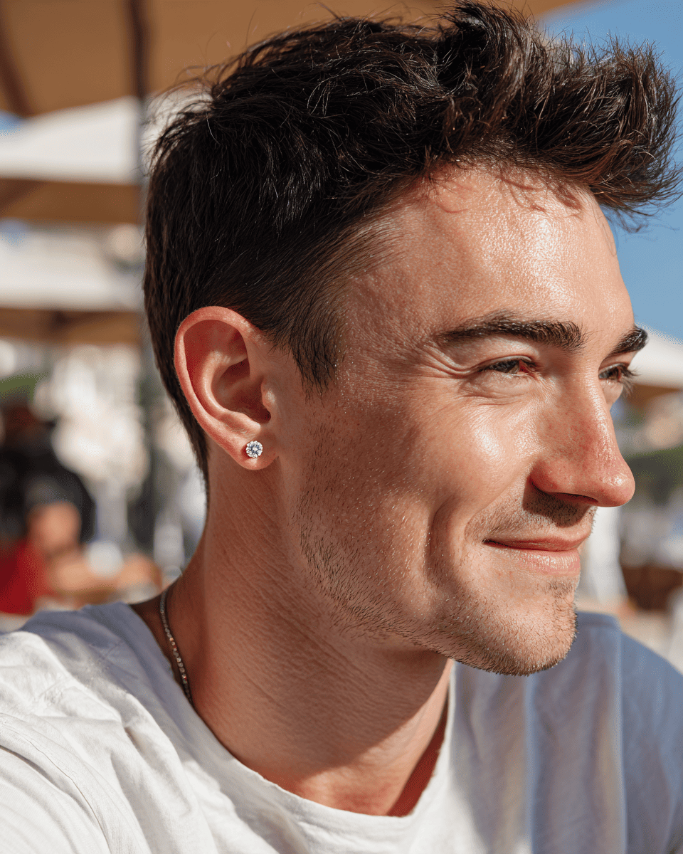 A close-up profile shot of a man wearing a small silver stud earring with a clear gemstone in a sunny outdoor setting. ANNXMEE Moissanite Earrings