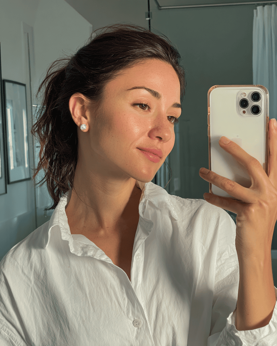 A woman taking a mirror selfie wearing a white button-down shirt and a small white stud earring, holding a white smartphone with a rose gold bumper. ANNXMEE Moissanite Earrings