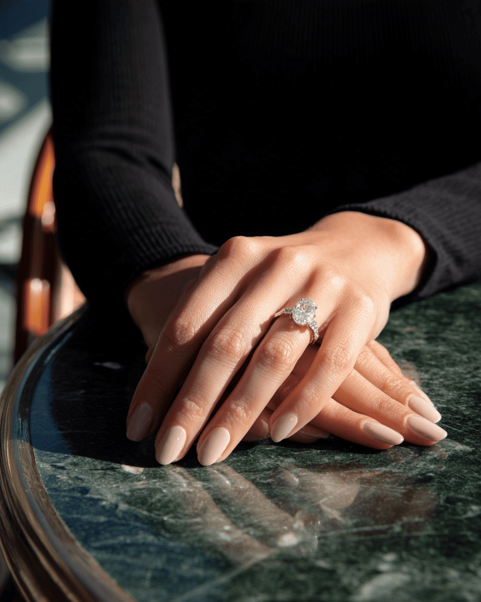 A close-up lifestyle shot of a woman's hands resting on a green marble table, wearing a sparkling diamond engagement ring on her ring finger. ANNXMEE Oval Moissanite Ring