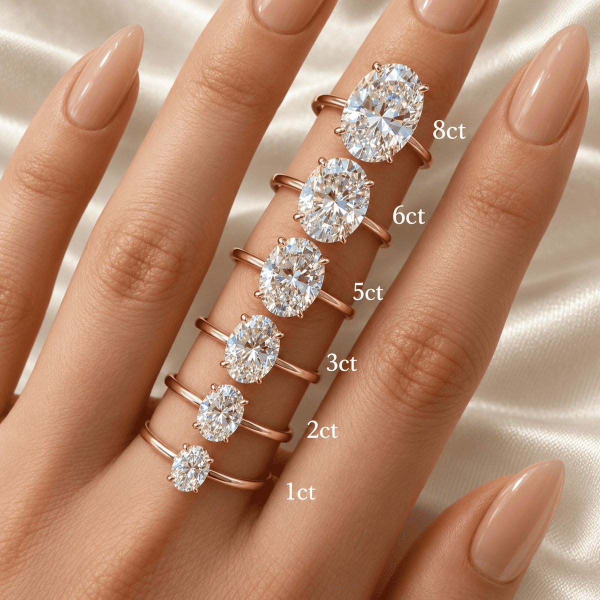 Oval moissanite ring carat size comparison from 1 to 8 carats | ANNXMEE
