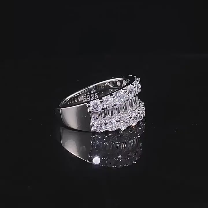 Emerald and Round Cut Diamond Band in White Gold Plated. Silver 925. Anniversary Ring. Half Eternity 