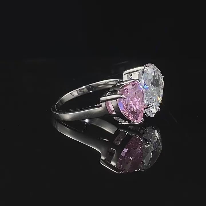 Toi et Moi Pink Heart & White Pear Diamond Ring. Silver 925 Ring. White Gold Plated