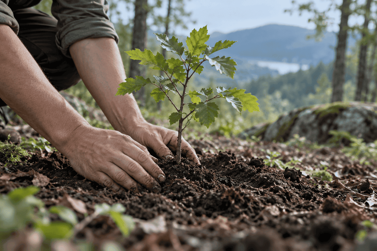 Hands planting a young tree in soil to illustrate the one order, one tree program.