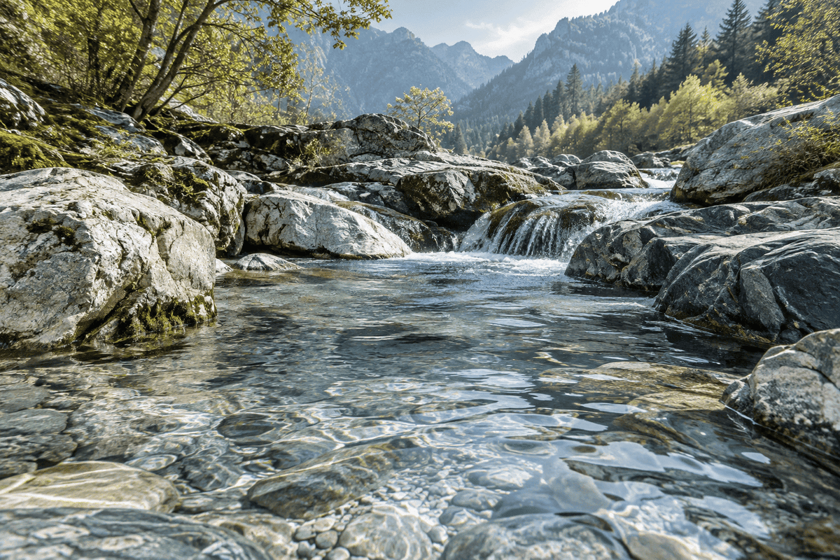 Clear water flowing over pale stones in a woodland stream.